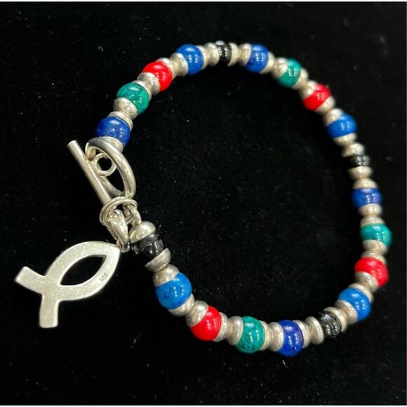 Sterling  Beaded Bracelet Multi-Gemstone Faith Fish Charm & Toggle Clasp, 17g - Picture 1 of 3